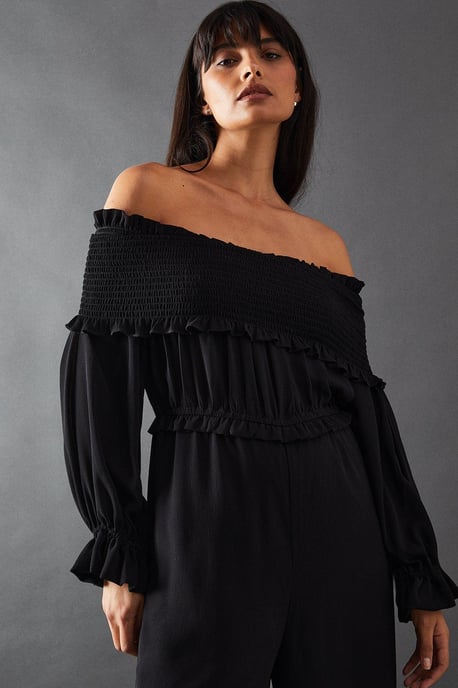 Shirred Bardot Waisted Wide Leg Jumpsuit