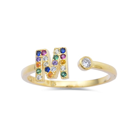 Luxenter Ring aus 925er Sterlingsilber mit mehrfarbigen Zirkonen in 18K Gelbgold - Alphabet - Image 3