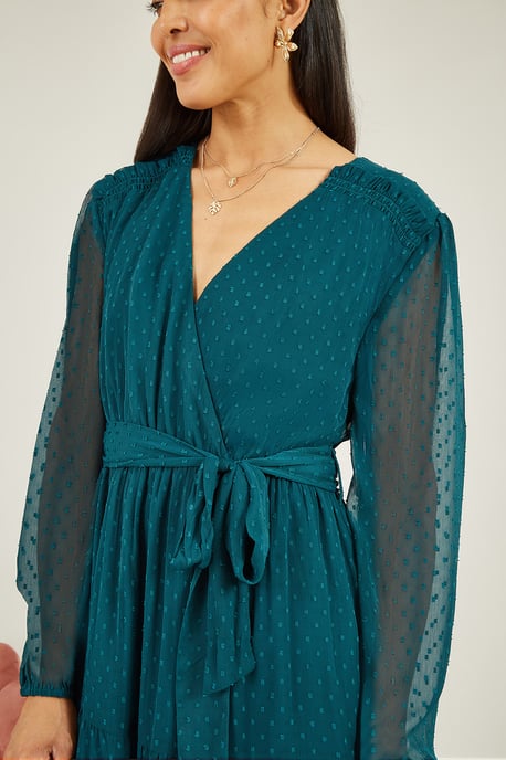 Green Recycled Dobby Spot Long Sleeve Midi Wrap Dress