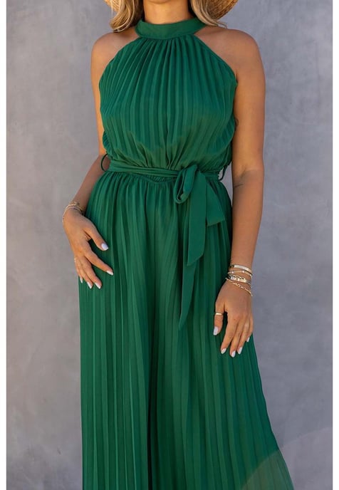 Damen-Jumpsuit mit weitem Bein und Plissierung und Gürtel in Grün - Image 1
