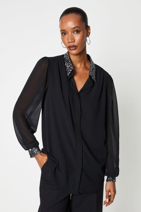Silver Sequin Collared Shirt - Image 1