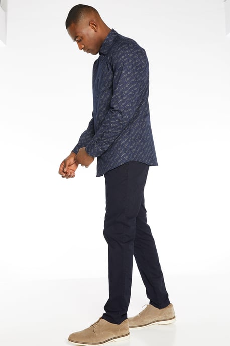 Navy Base Floral Printed Long Sleeved Shirt