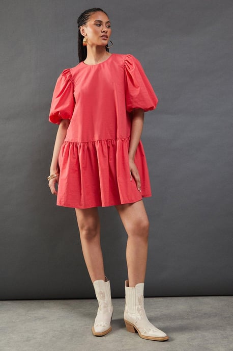 Taffeta Drop Waist Mini Smock Dress