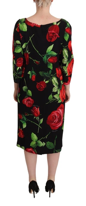 Dolce & Gabbana Damen Schwarzes Rotrosen Kleid aus Stretchseide - Image 4