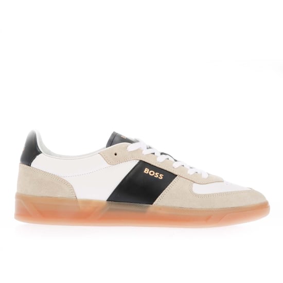 Men's Hugo Boss Foil Print Branding Leather-Suede Trainers in Beige
