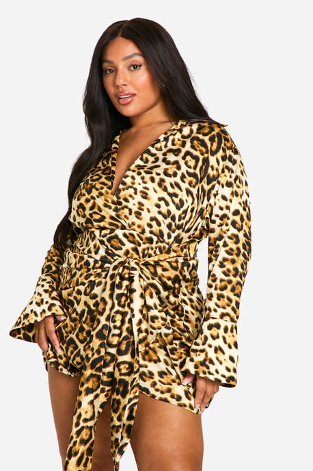 Plus Leopard Tie Waist Shirt Wrap Dress - Image 1
