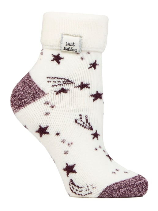 Damen Kuschelsocken mit Umschlagbündchen | Wärmehalter | Warme flauschige Lounge-Socken für den Winter - Elfenbein/Cabernet Stars - Image 1