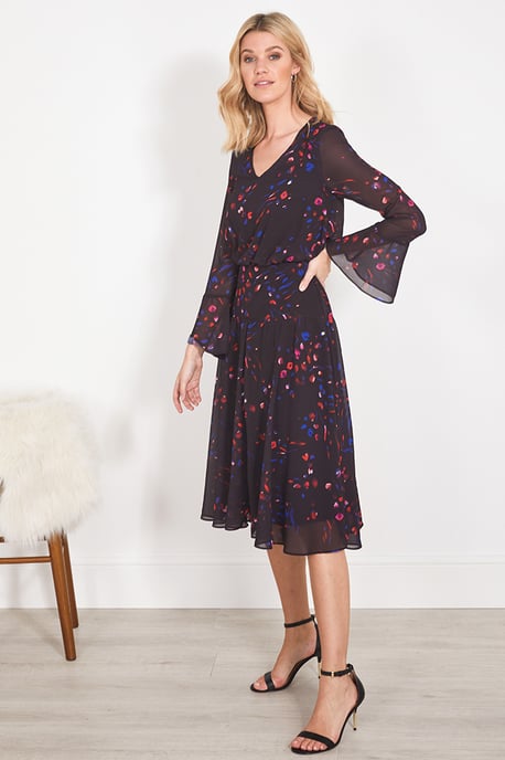 Black Abstract Floral Print Fit & Flare Dress