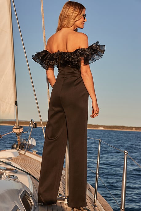 Black Organza Ruffle Wide Leg Bardot Jumpsuit