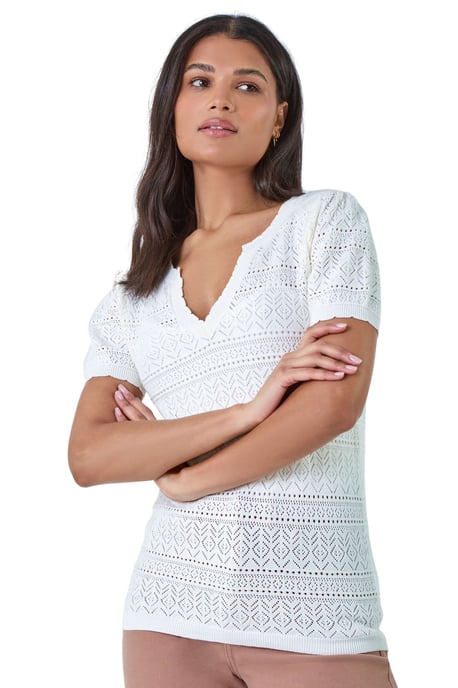 Pointelle V-Neck Knit Stretch T-Shirt
