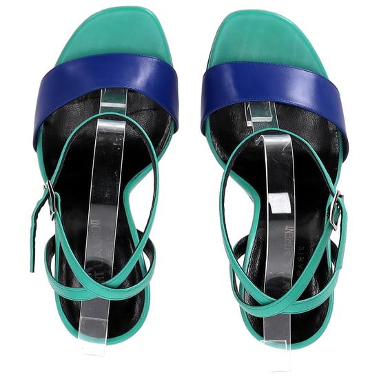 Saint Laurent Jane Fußriemen Absatzsandalen aus grünem und blauem Leder - Image 5