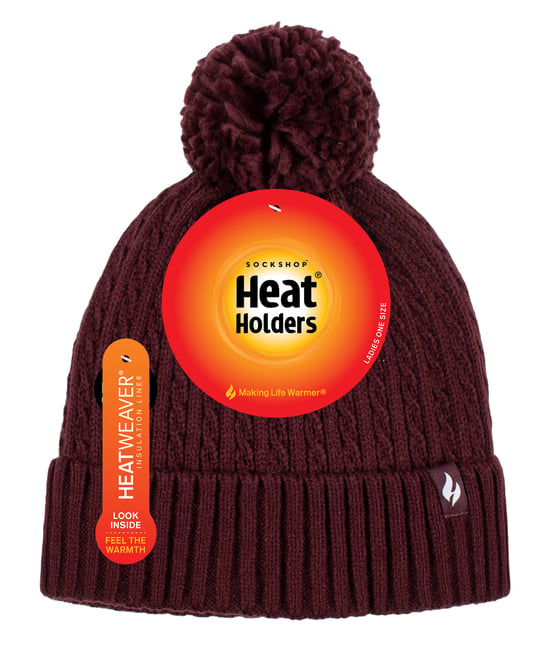 Ladies Thermal Cable Beanie Hat | Heat Holders | Winter Knitted Pom Pom Hat | Soft Ribbed Bobble Hat - Wine