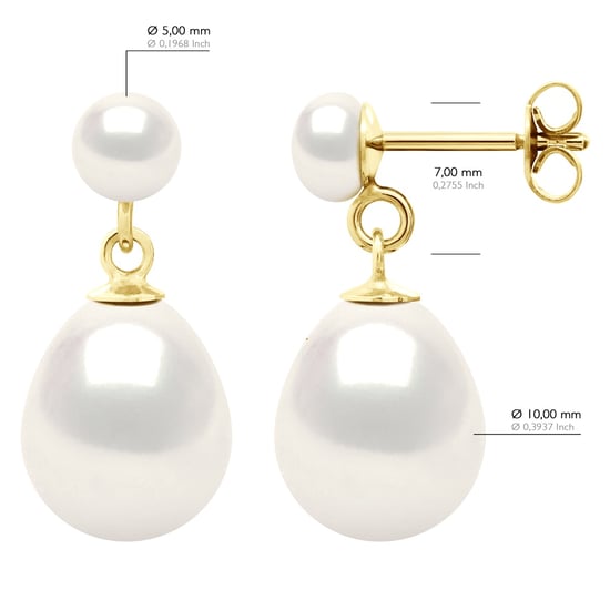 Doppelte Ohrringe aus Gelbgold – echte Süßwasser-Zuchtperlen, Knopf 5–6 mm + Birne 10–11 mm - Image 2