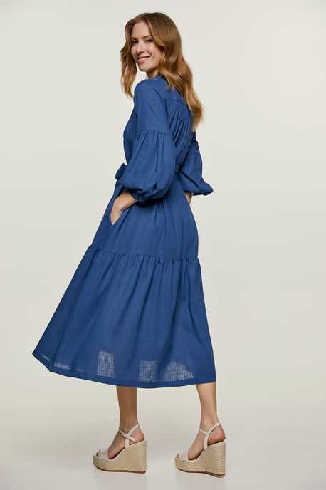 Linen Style Blue Dress with Pockets
