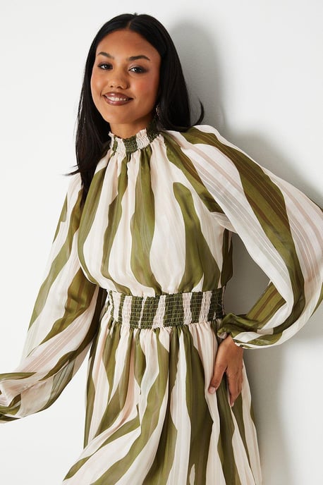 Printed High Neck Blouson Sleeve Mini Dress - Image 5
