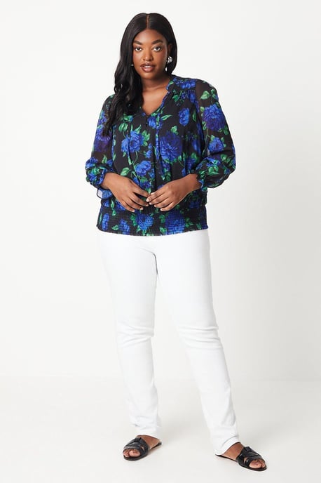 Curve Floral Chiffon Shirred Hem Top