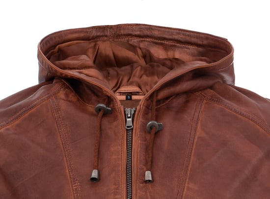 Leather bomber and cycling jacket with hood and zipper
