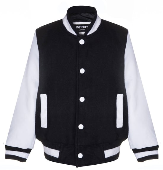 Kinder Varsity Bomberjacke in Schwarz und Weiß mit echten Lederärmeln für 3-13 Jahre - Image 1