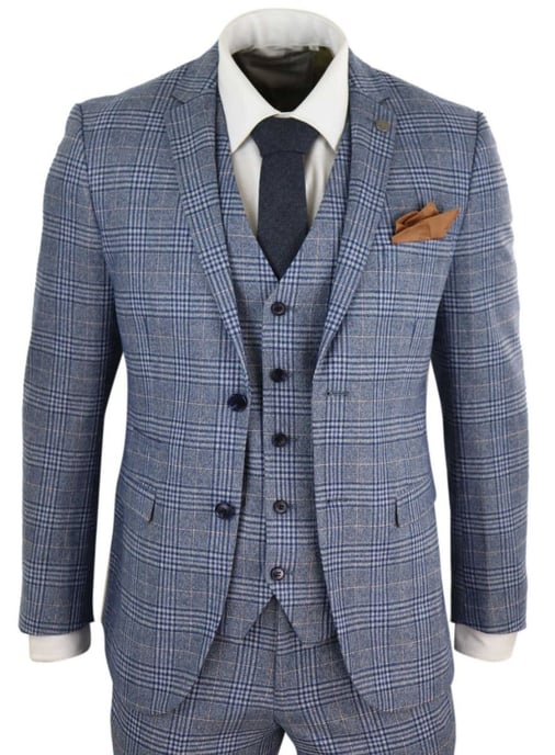 Herren 3-teiliges Anzugset in Blau-Grau mit Karomuster, Vintage Retro - Image 1