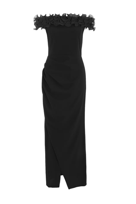 Black Bardot Ruffle Ruched Maxi Dress - Image 2