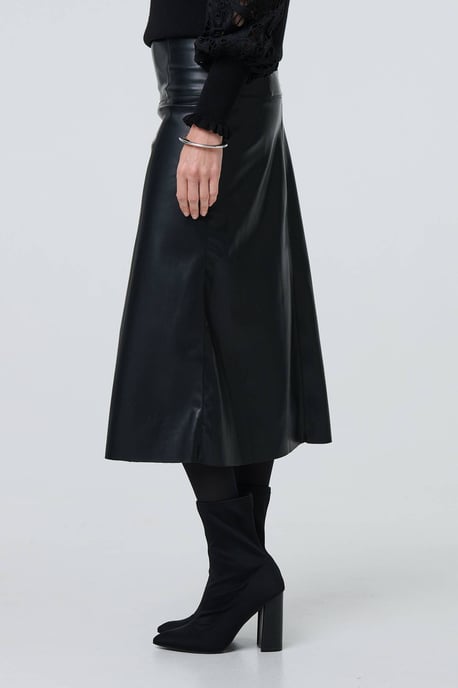 Black Faux Leather High Waist Midi Skirt