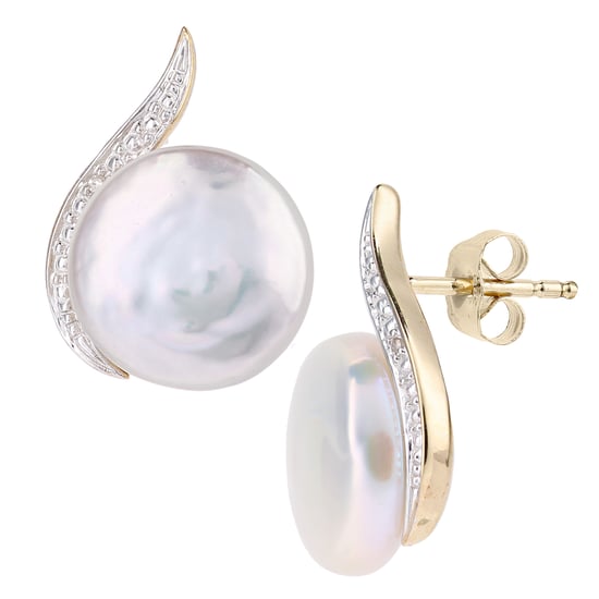 Boucles d'oreilles en or jaune 9 carats, diamants 0,01 carat avec perles de culture blanches - Image 2