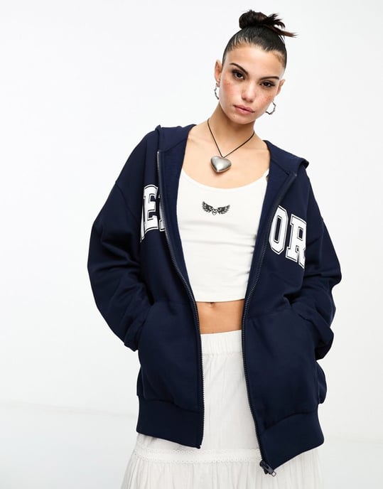 ASOS DESIGN zip through hoodie with new york graphic in navy - Image 3
