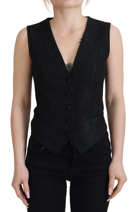 Dolce & Gabbana Damen Schwarze Brokat Knopf-Boden Ärmellose Weste Top - Image 1