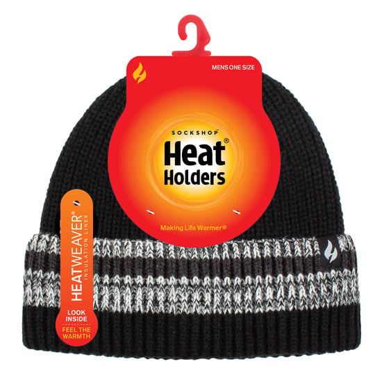 Mens Turnover Cuff Winter Beanie | Wärmehalter | Gestrickte gestreifte Thermomütze - Schwarz - Image 2