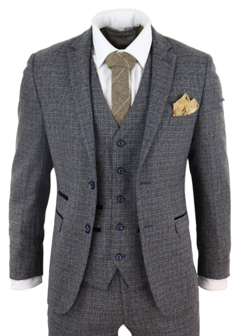 Herren 3-Teiliges Marineblaues Tweed-Karomuster Vintage Retro Anzug - Image 1