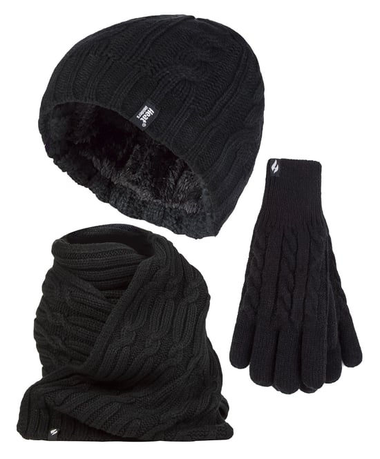 Damen-Set aus Strickmütze, Schal und Handschuhen | Wärmehalter | Mit Fleece gefüttertes Thermo-Kaltwetter-Set für Damen für den Winter, Schwarz - Image 1