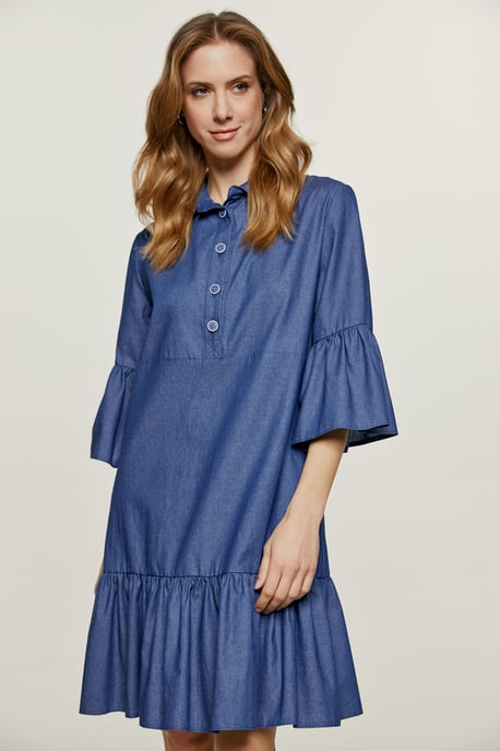 Denim Kleid mit Glockenärmeln und Rüschensaum - Image 6