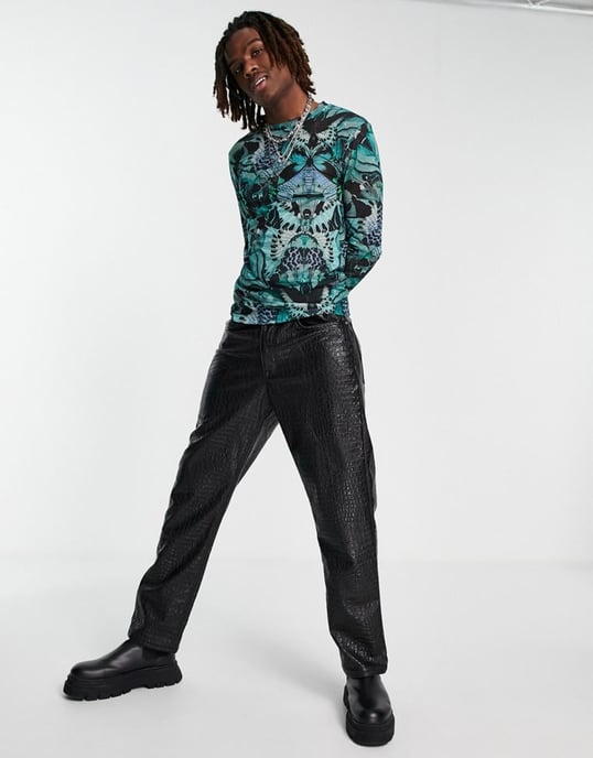ASOS DESIGN muscle long sleeve t-shirt in green and black printed mesh