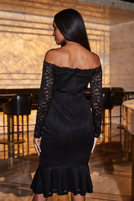 Black Lace Peplum Hem Bardot Dress