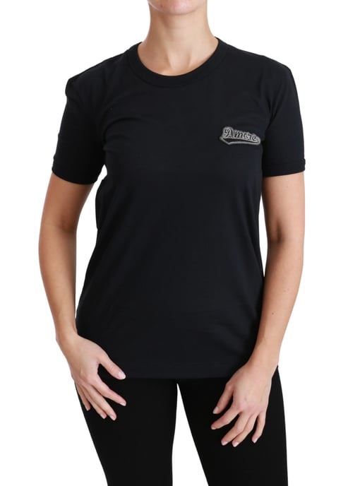 Dolce & Gabbana Damen Blau Amore Patch Rundhals Baumwoll T-Shirt - Image 1