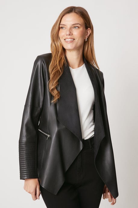 Black Faux Leather Waterfall Jacket - Image 1
