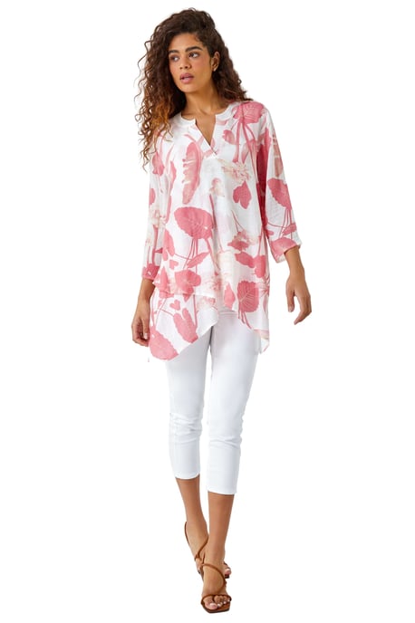 Palm Print V-Neck Wrap Hem Tunic Top