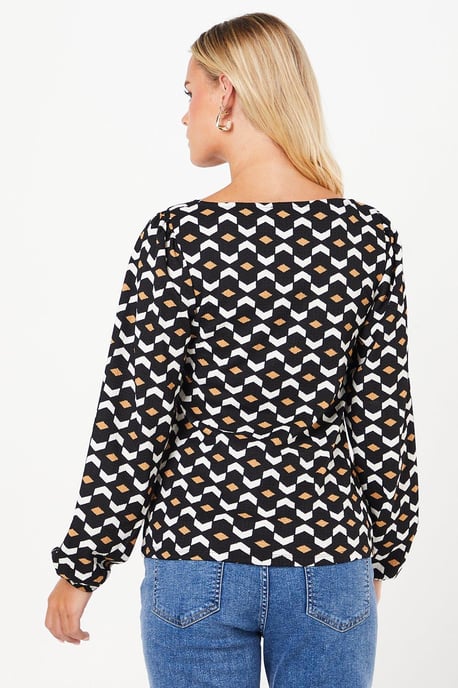 Petite Geo Twist Front Long Sleeve Top