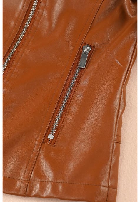 Azura Exchange Women's Ribbed Seam Detail Faux Leather Motorcycle Jacket in Brown - Image 4