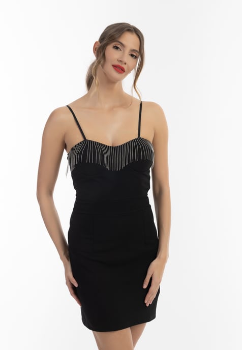 faina mini dress with pearl necklace details