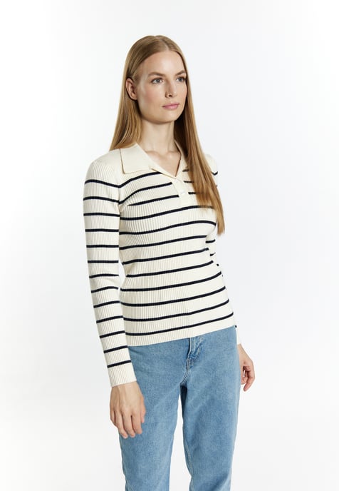 Dreimaster Strickpullover Damen Wollweiss Marine - Image 3