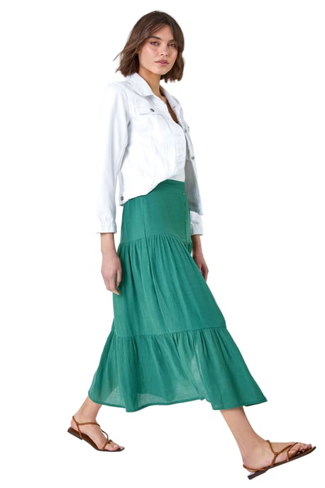 Textured Button A Line Tiered Midi Skirt