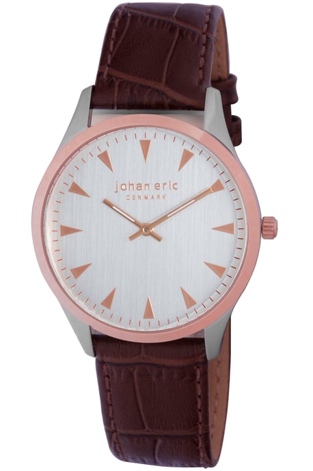 Johan eric: helsingør, men's, silver dial watch w triangular rose gold tone hr-markers, brown calfskin band