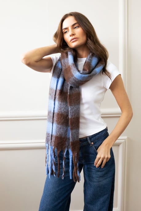 Chunky Scarf in Brown and Blue Check