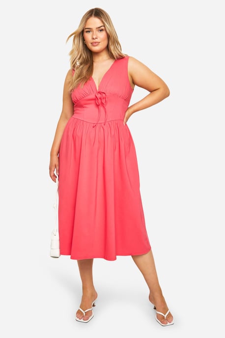 Plus Bengaline Plunge Corset Midi Skater Dress