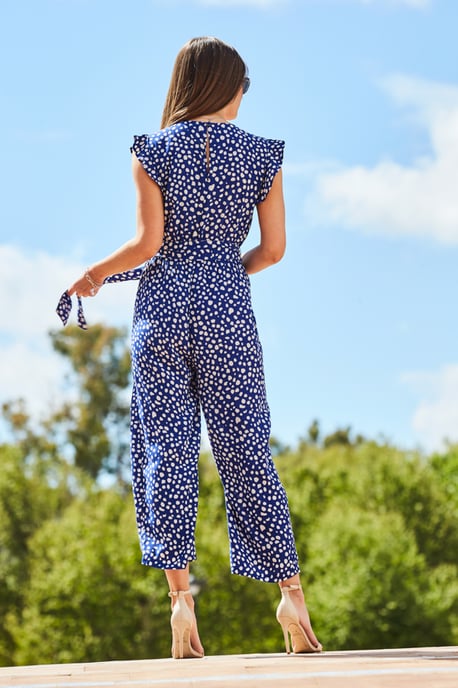 Blue & White Spot Print Ruffle Shoulder Jumpsuit