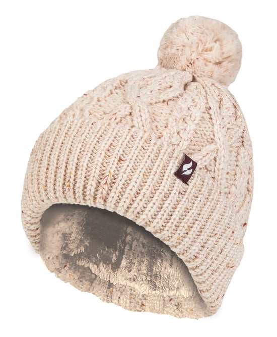 Damen Pom Pom Bommelmütze | Wärmehalter | Modische Chunky Warm Cable Knit Beanie mit Heatweaver Fleece Futter | Salzburg Style - Natural - Image 1