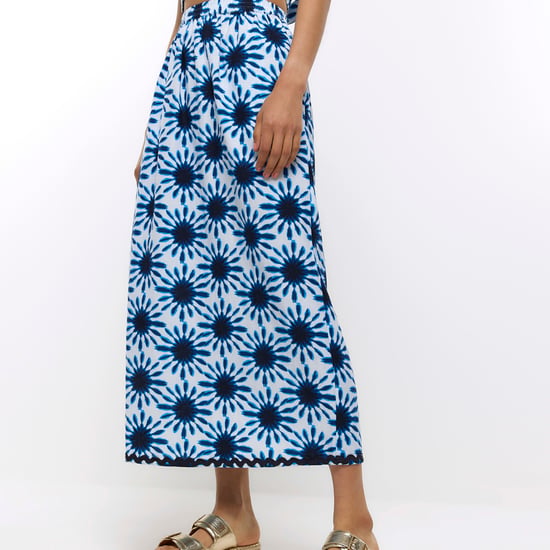 River Island Womens Maxi Skirt Blue Print With Linen