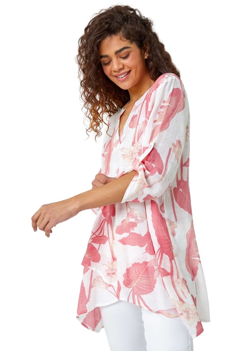 Palm Print V-Neck Wrap Hem Tunic Top