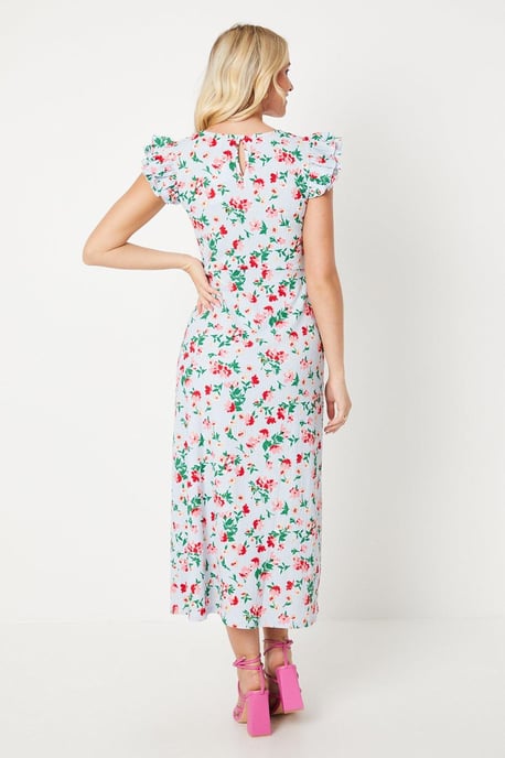 Floral Frill Detail Sleeve Midi Dress